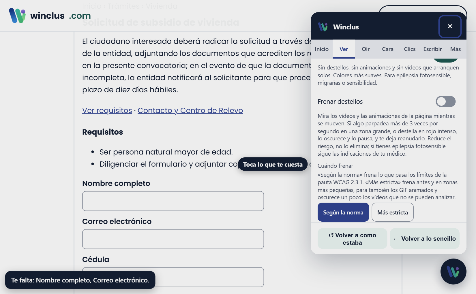 Pestaña Ver, sección «Colores y calma»: «Modo calma» activado; debajo, la lupa de pantalla, la lectura limpia y la máscara de enfoque.