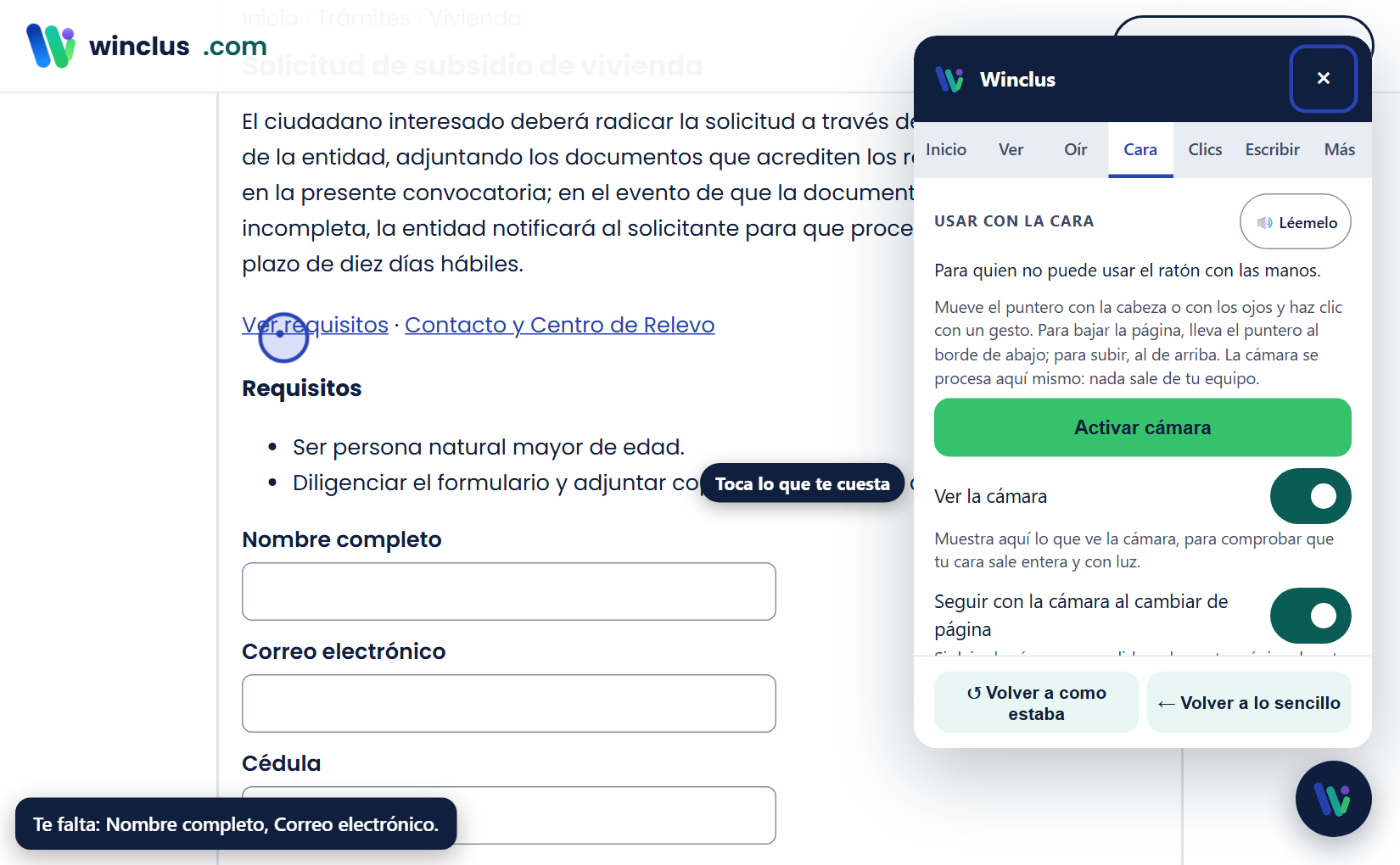 El panel en la pestaña Cara con el botón «Activar cámara»; el puntero azul de Winclus está sobre el enlace «Ver requisitos».