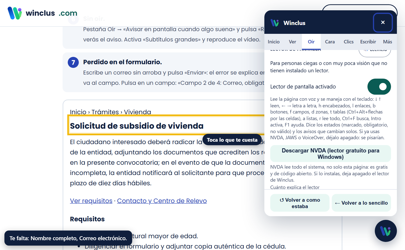 El lector de Winclus marca con un recuadro amarillo el título «Solicitud de subsidio de vivienda» que está leyendo; en el panel, «Lector de pantalla activado».