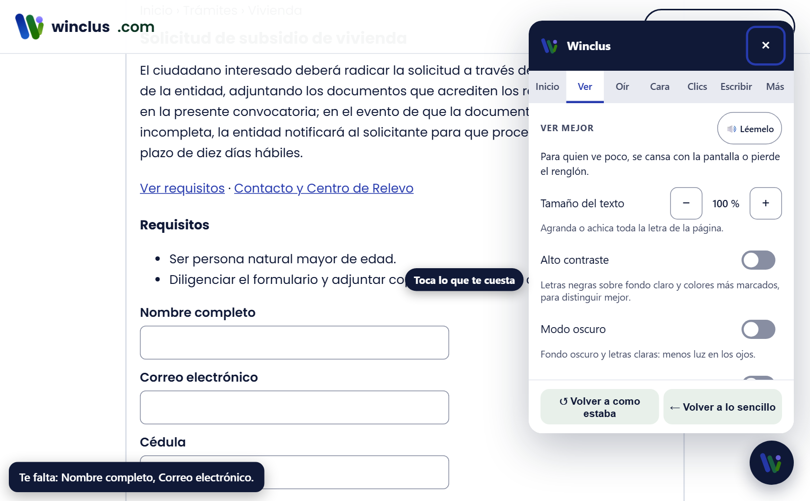 Pestaña Ver, sección «Colores y calma»: los cinco botones de «Si confundes colores»; «No distingo el rojo» está elegido y la página se ve con los colores recalculados.