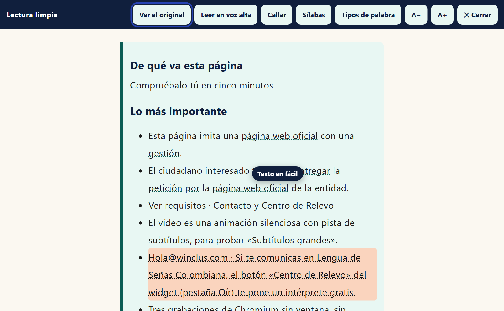 El texto explicado en fácil: «De qué va esta página», «Lo más importante» en frases cortas; las palabras cambiadas van subrayadas y el botón pasa a «Ver el original».