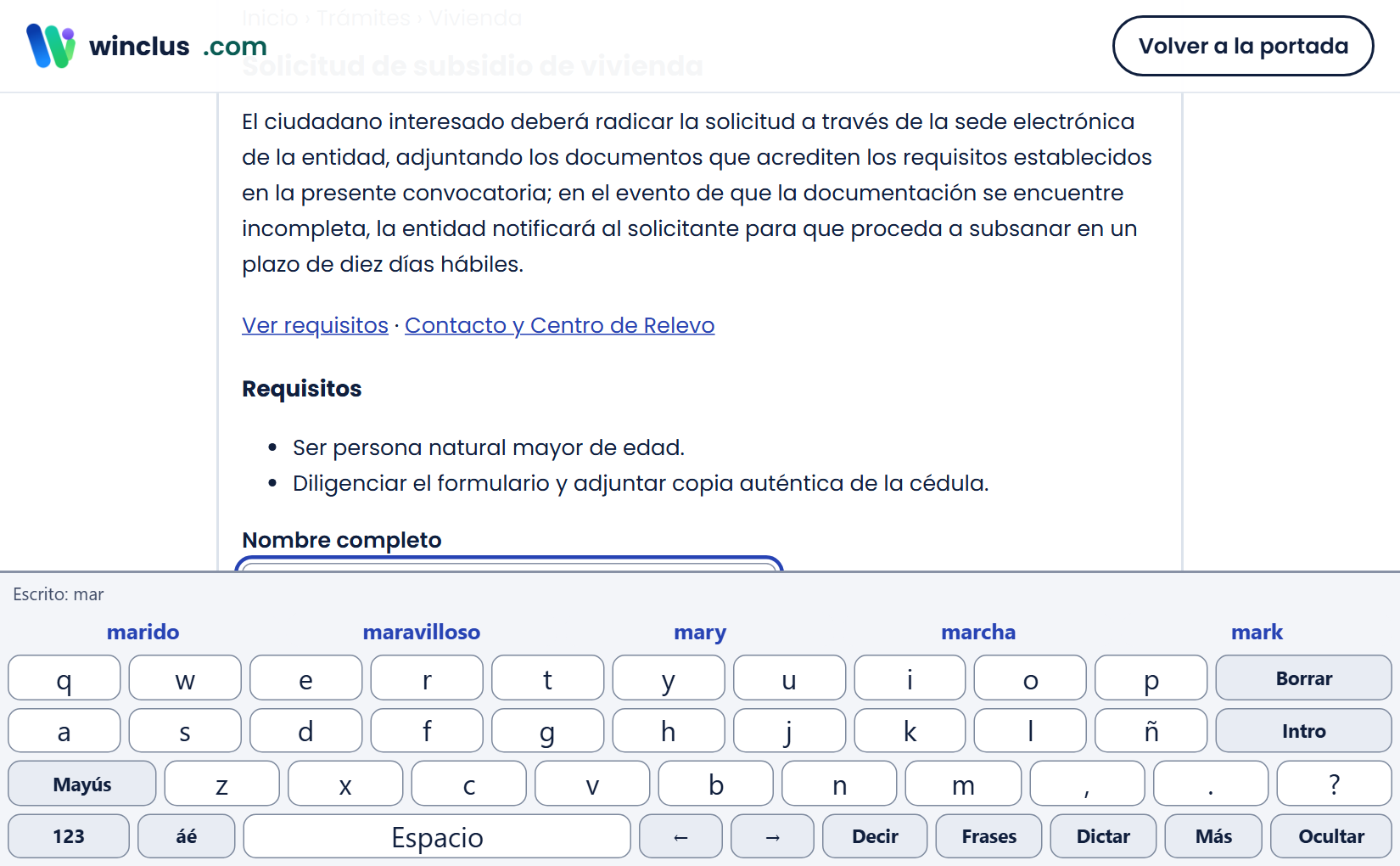 El teclado en pantalla abajo, con lo escrito («mar») y las sugerencias marido, maravilloso, mary, marcha, mark.