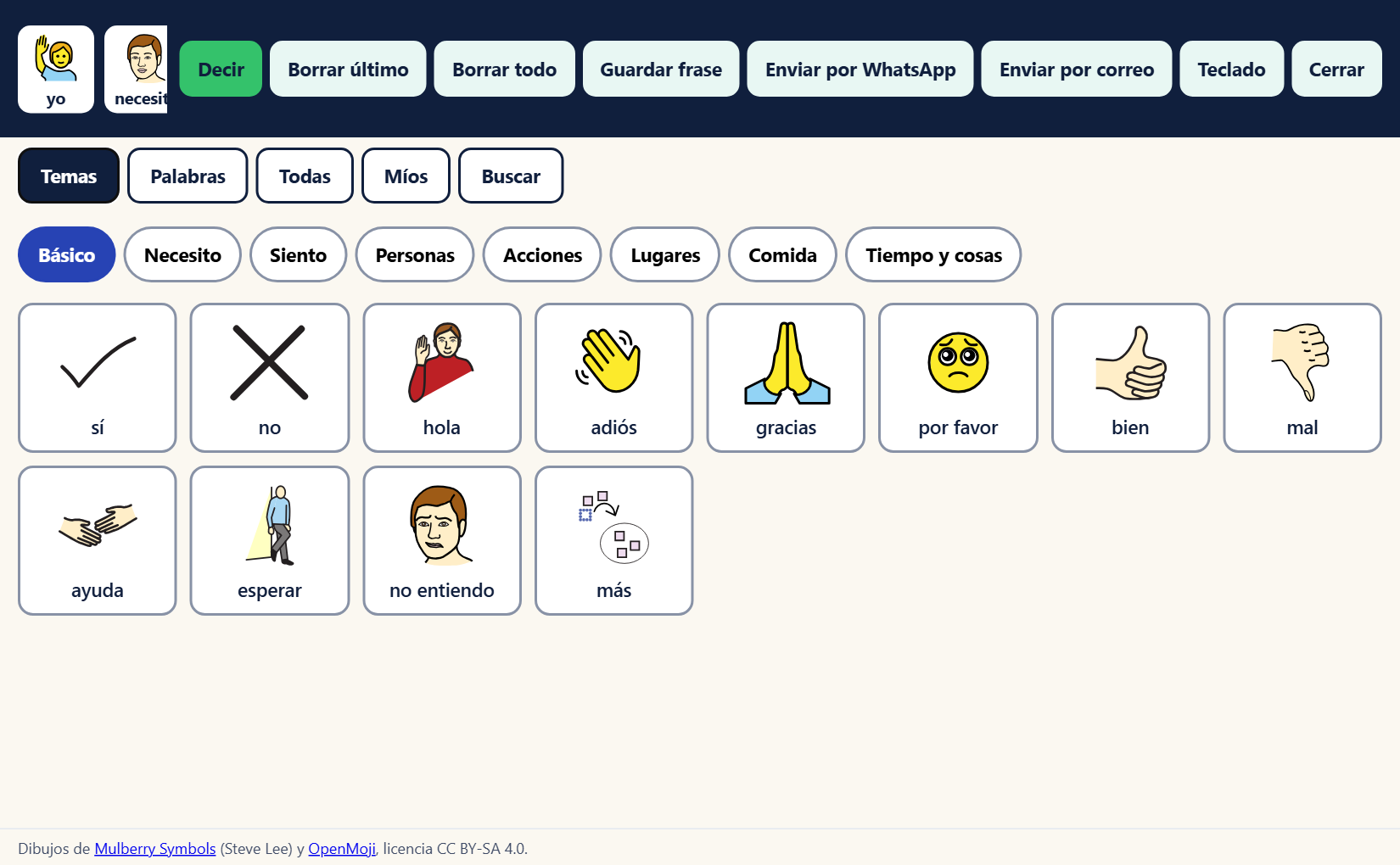 El tablero de pictogramas: la frase «yo · necesito · ayuda» arriba, las categorías y los dibujos de ARASAAC abajo.