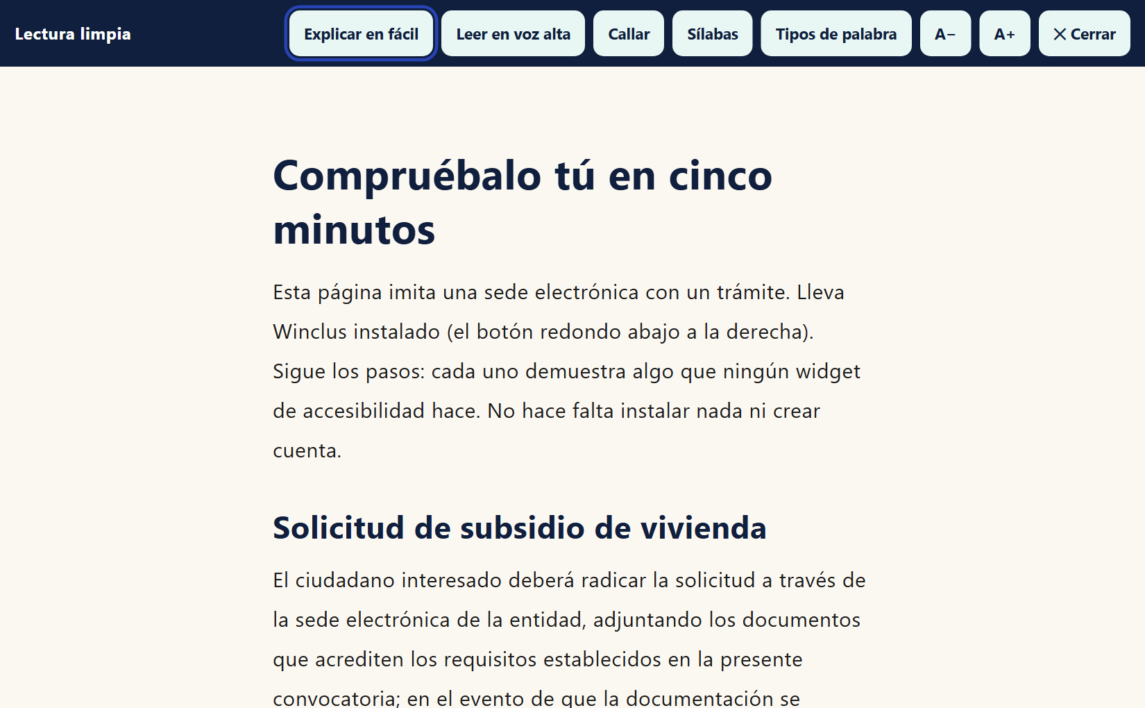 La lectura limpia: solo el texto, grande y sin distracciones, con los botones «Explicar en fácil», «Leer en voz alta», «Callar», «Sílabas», «A−», «A+».