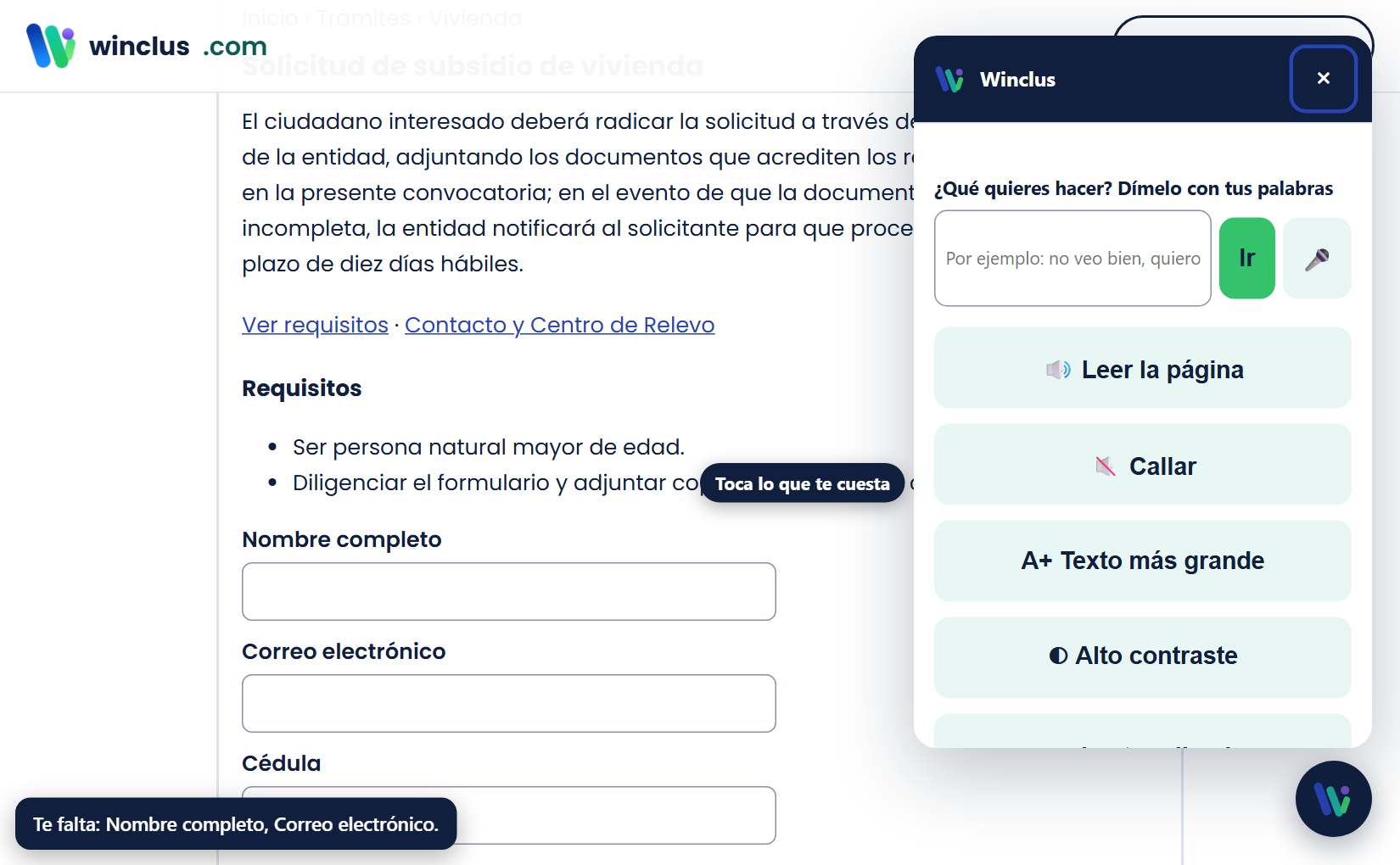 El modo fácil: pocos botones grandes (Leer la página, Callar, Texto más grande, Alto contraste, Lectura limpia) y arriba la caja «¿Qué quieres hacer? Dímelo con tus palabras».