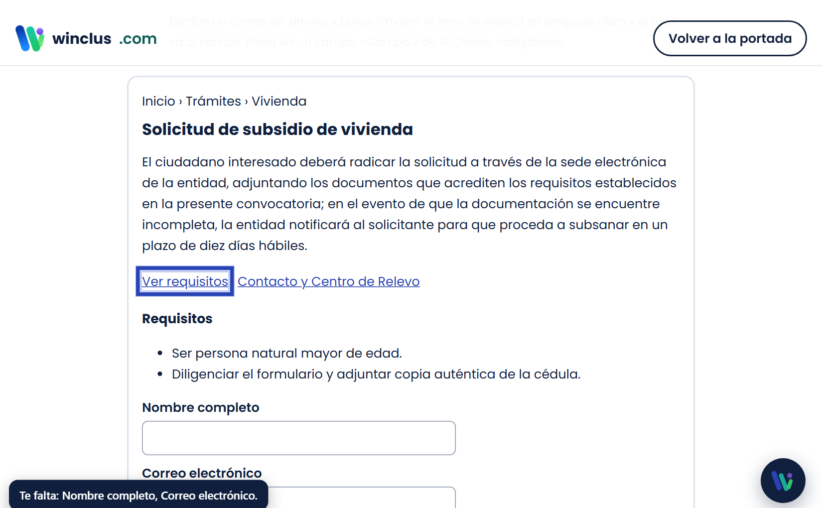 El barrido marca con un marco azul el enlace «Ver requisitos»; al dar la señal, se pulsa.