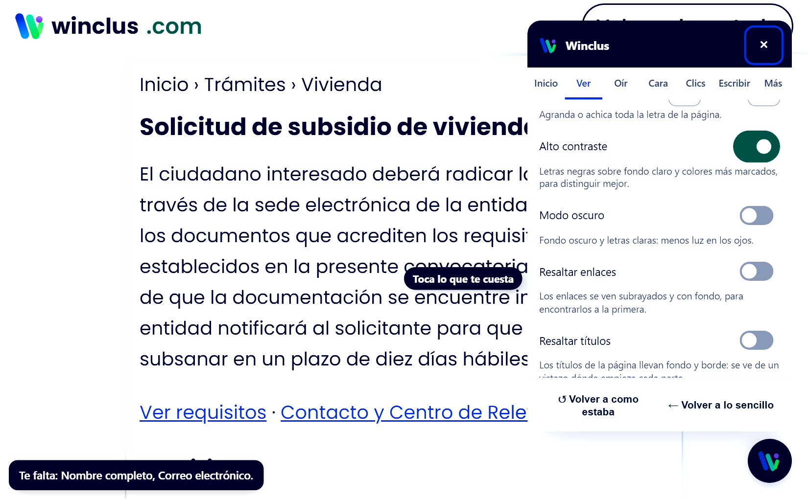 La página con el texto al 150 % y alto contraste; en el panel, pestaña Ver, «Tamaño del texto», «Alto contraste» y «Cursor del ratón grande» activados.