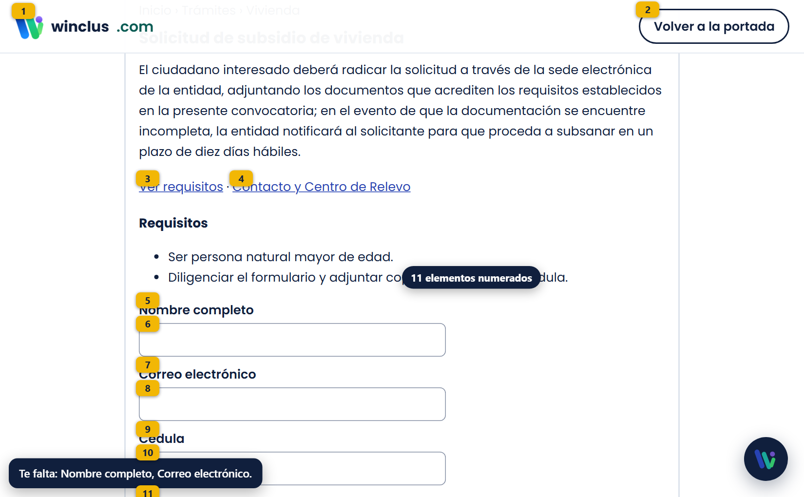 Tras decir «números», cada botón, enlace y campo lleva una etiqueta amarilla con su número; abajo, «11 elementos numerados».