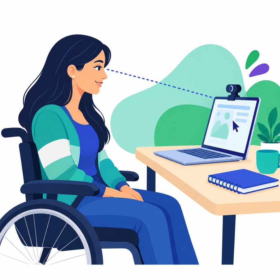 Ilustración: una mujer en silla de ruedas mira un portátil y una línea de puntos va de sus ojos al cursor