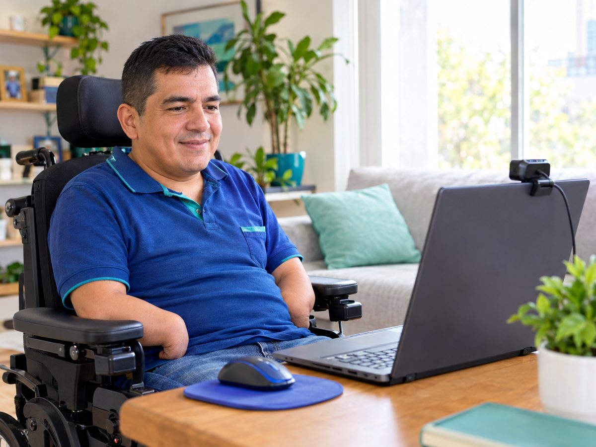 Un hombre en silla de ruedas eléctrica mira sonriendo un portátil con cámara web